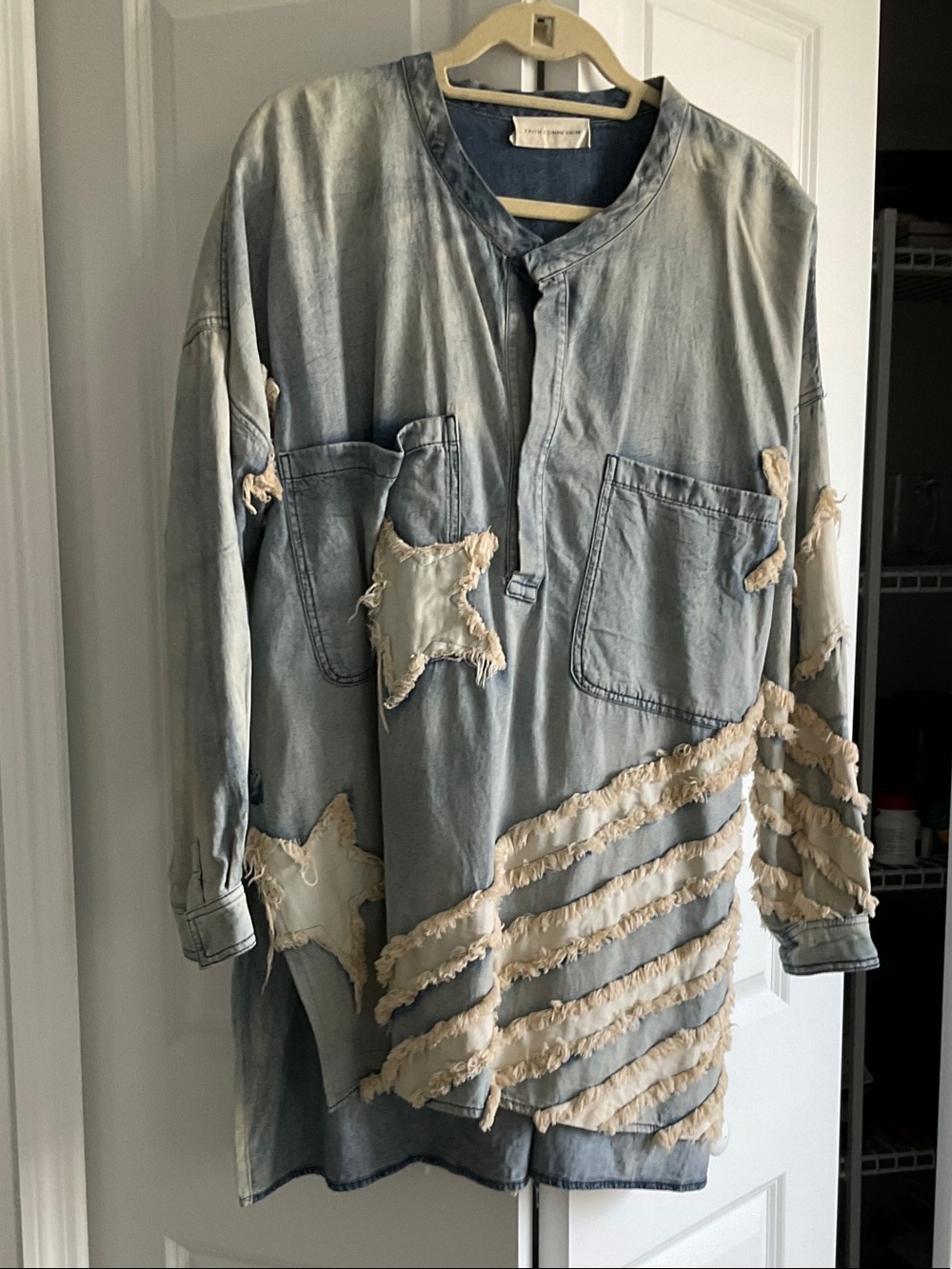 Faith Connexion Light Blue Washed Star Appliqué Longline Shirt